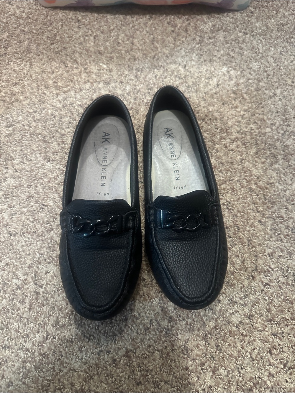 Anne Klein Black Chain-Trim Leather Loafers